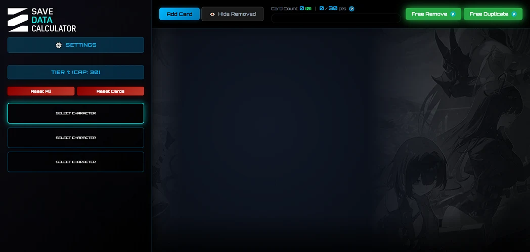 Save Data Calculator tutorial showing how to select cards and configure upgrades for Chaos Zero Nightmare deck building